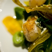 Vieiras a la plancha con platano frito